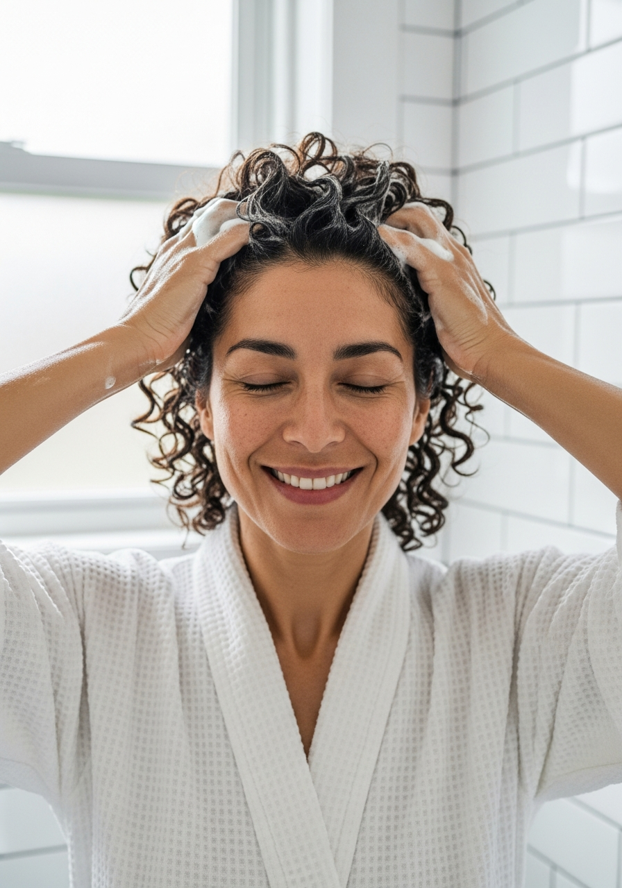 Woman happily washing her hair in the shower, massaging shampoo into her scalp