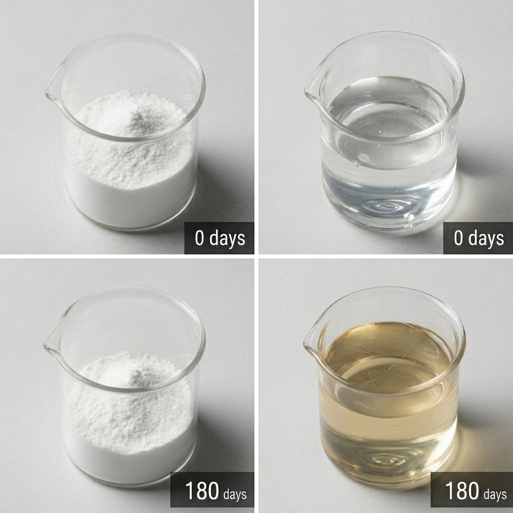 A four-panel laboratory stability comparison showing liquid shampoo vs. anhydrous powder over 180 days. The liquid formula shows oxidation and oil separation, while the Small Wonder powder remains pristine and shelf-stable with 100% active ingredient potency.