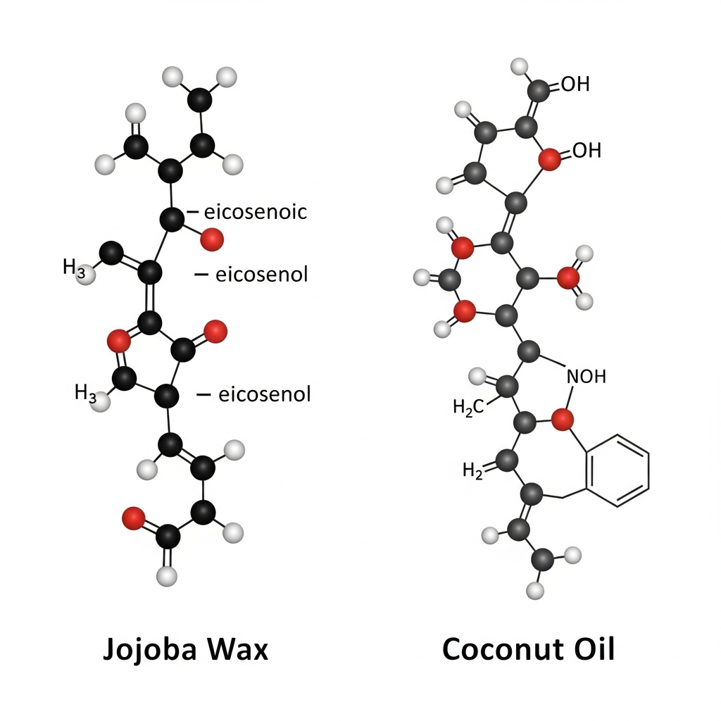 Simple side by side comparison of jojoba wax and coconut oil molecular structures, labeled with no misspellings